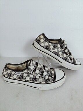 Vans Checkerboard Velcro Skate Sneakers, Black White, 5(M) 6.5(W)